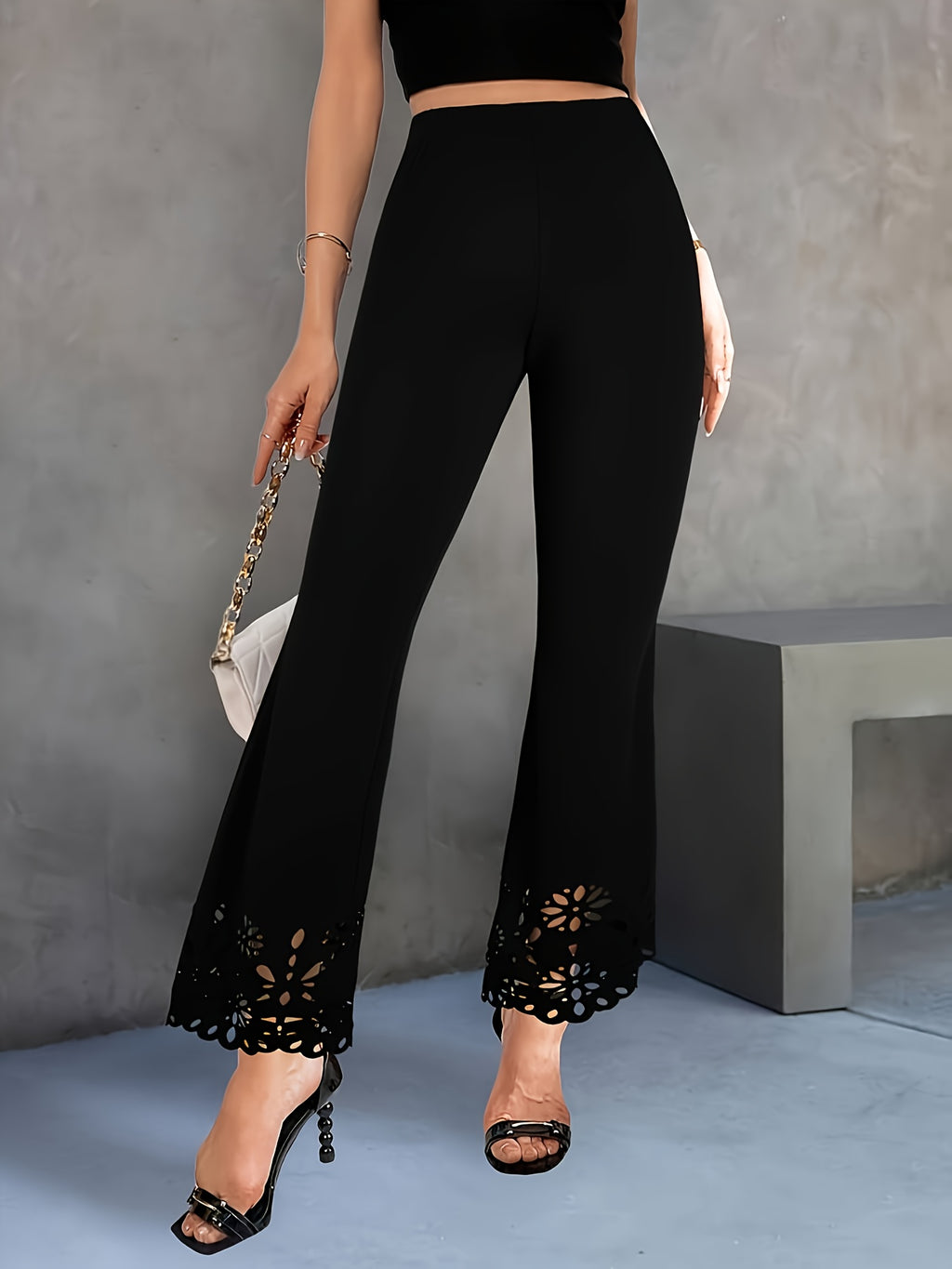 Elegant Hollow Out Flared Pants Women Slim Fit High Waist Trousers