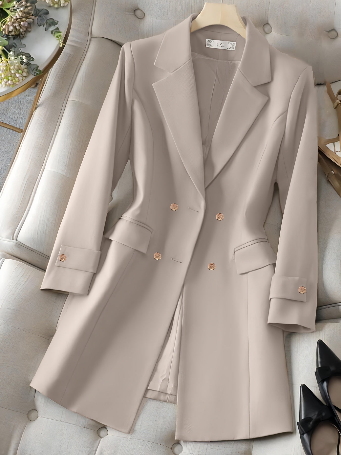 Plus Size Oversized Solid Color Double-Breasted Mid-Length Coat