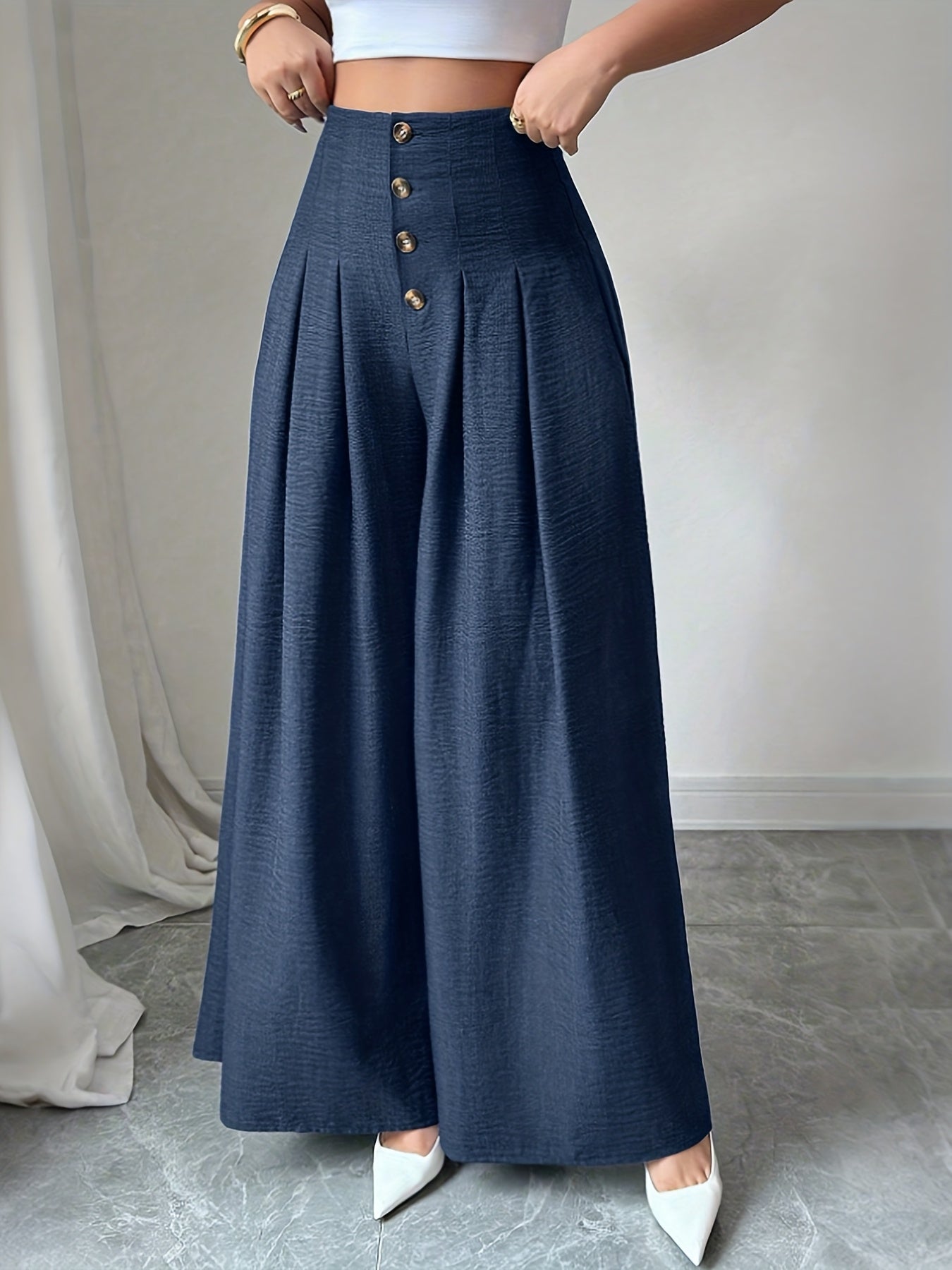 Women High Waist Wide Leg Trousers Single Button Pleated Loose Flared Hem Casual Pants
