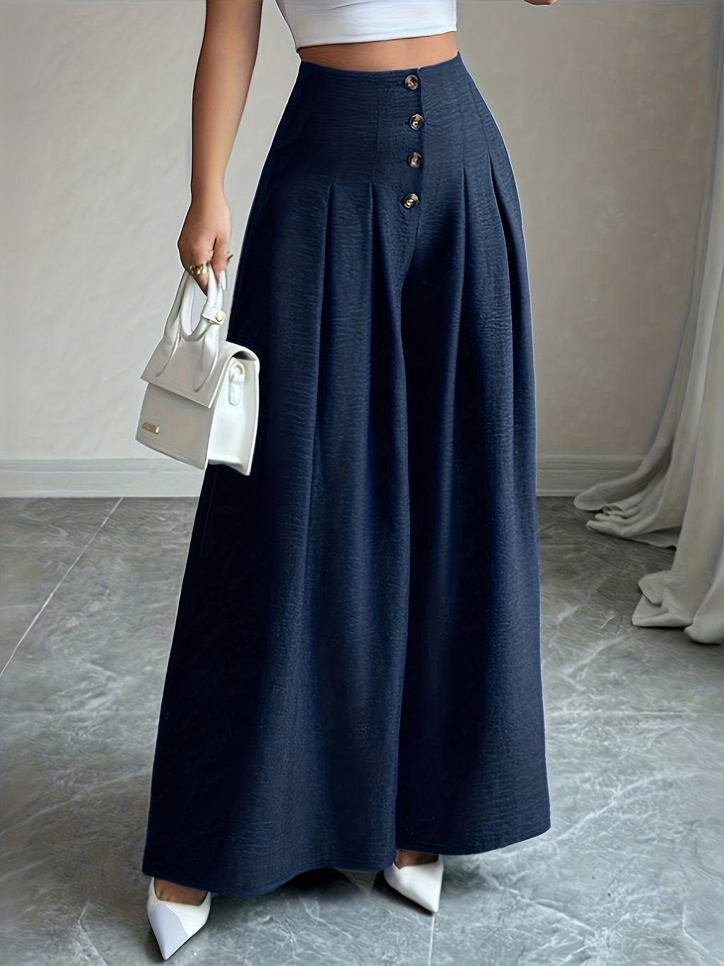 Women High Waist Wide Leg Trousers Single Button Pleated Loose Flared Hem Casual Pants