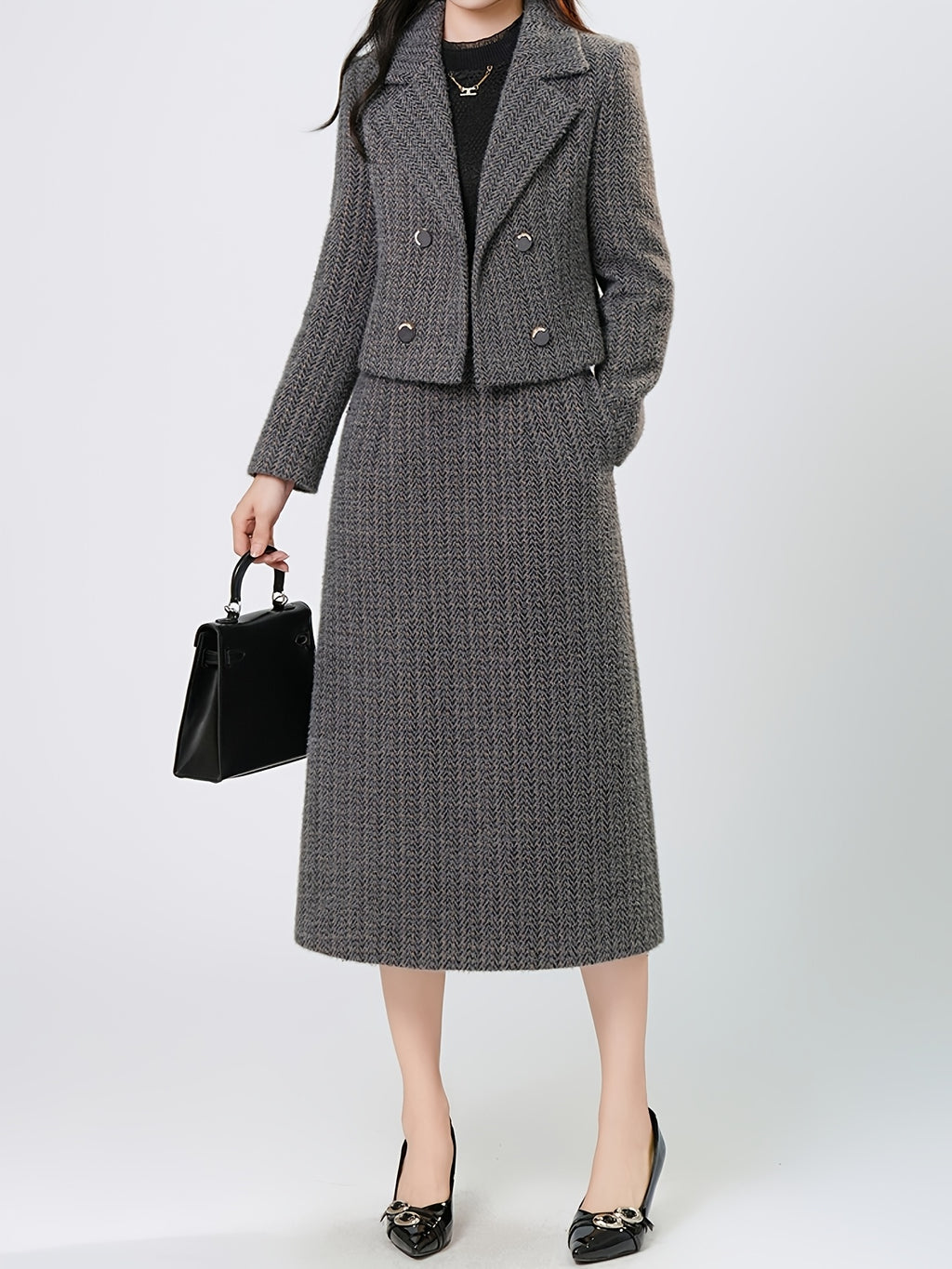 Gray Textured Mink Velvet 2-Piece Suit Set