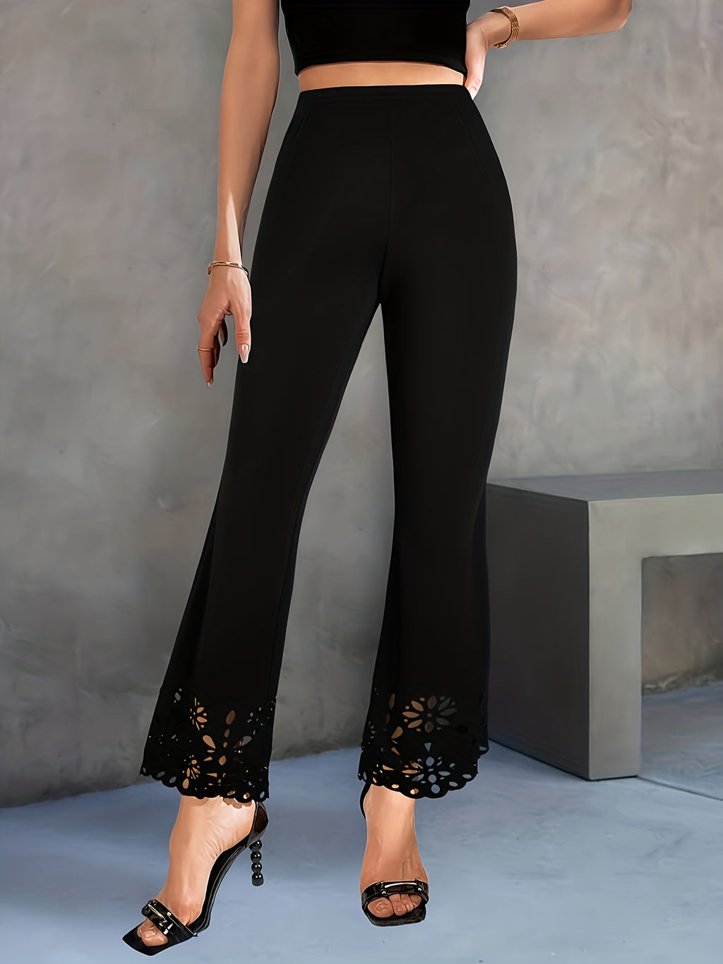 Elegant Hollow Out Flared Pants Women Slim Fit High Waist Trousers