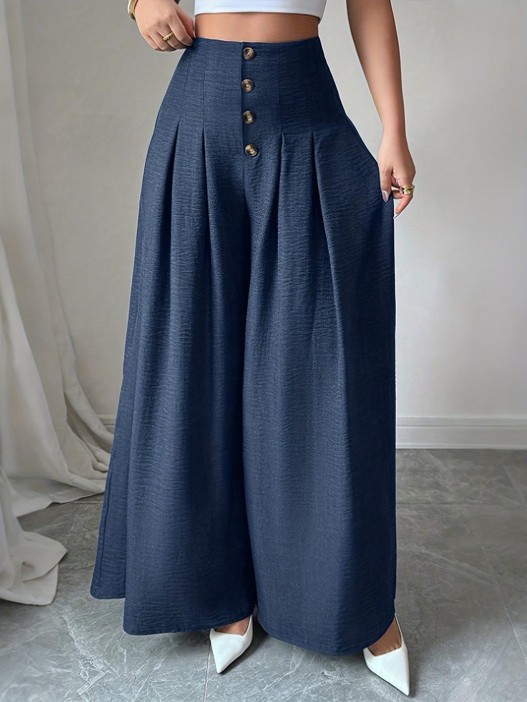 Women High Waist Wide Leg Trousers Single Button Pleated Loose Flared Hem Casual Pants
