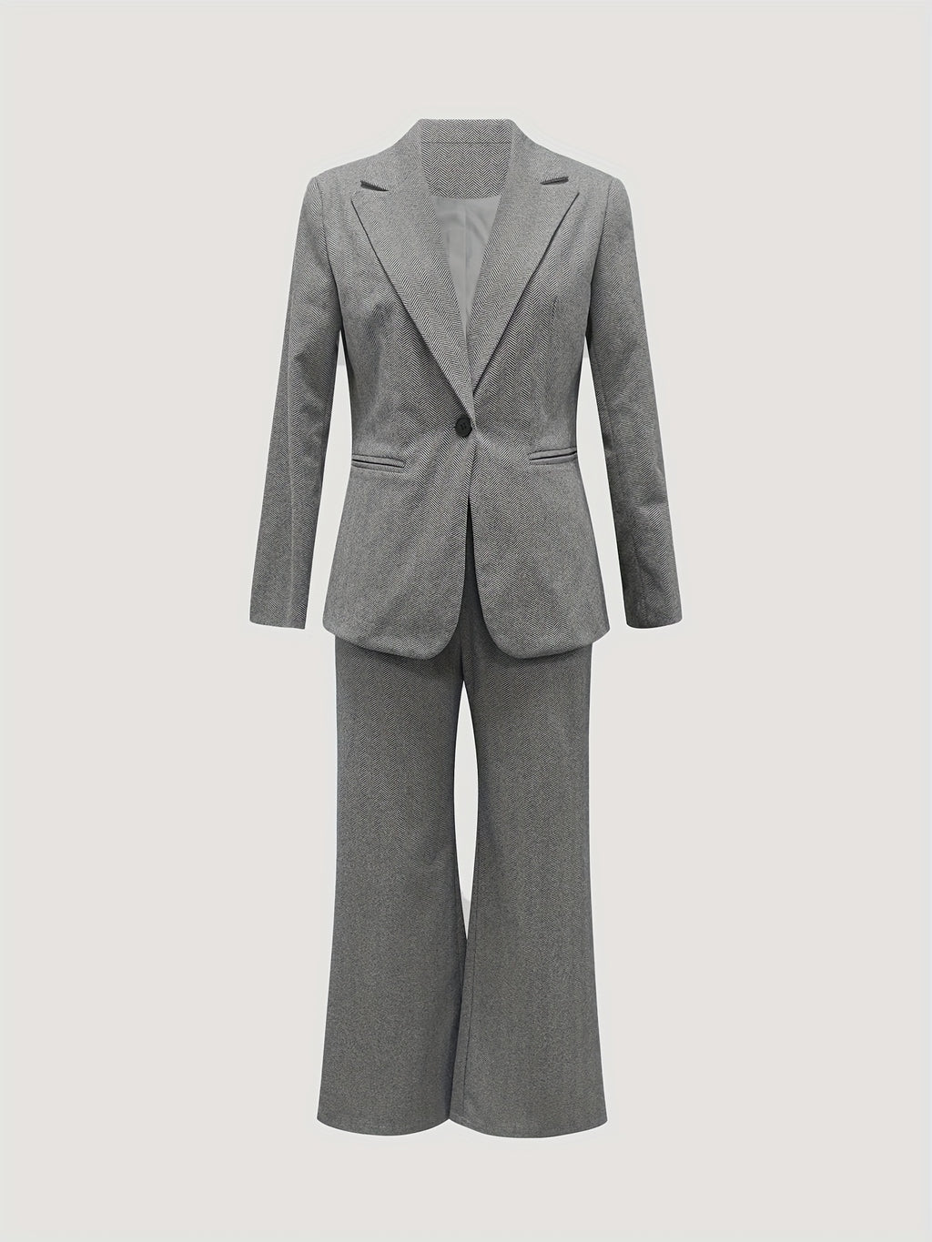 Autumn Winter Gray Herringbone Jacket & Straight Pants 2-Piece Set
