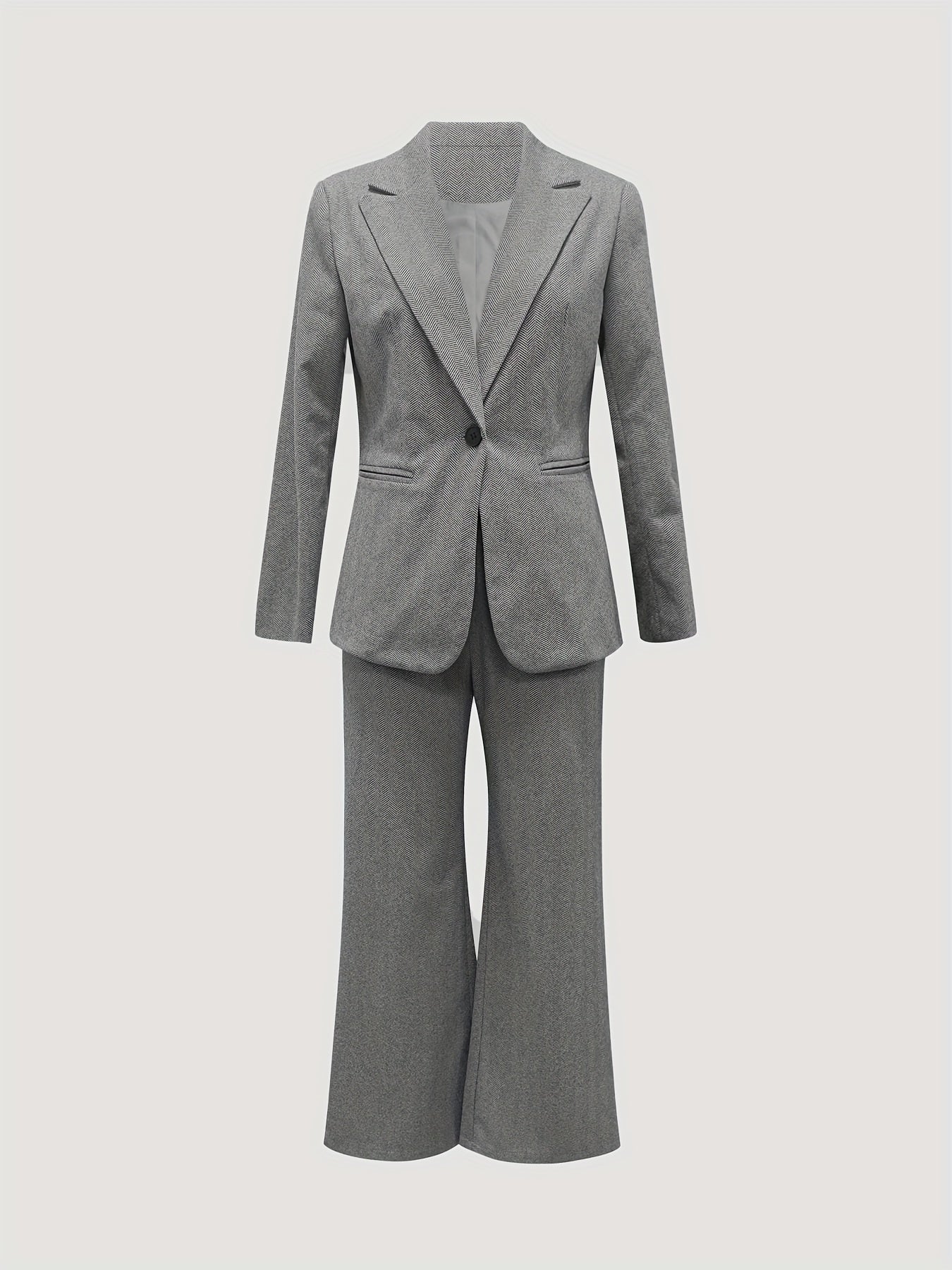 Autumn Winter Gray Herringbone Jacket & Straight Pants 2-Piece Set