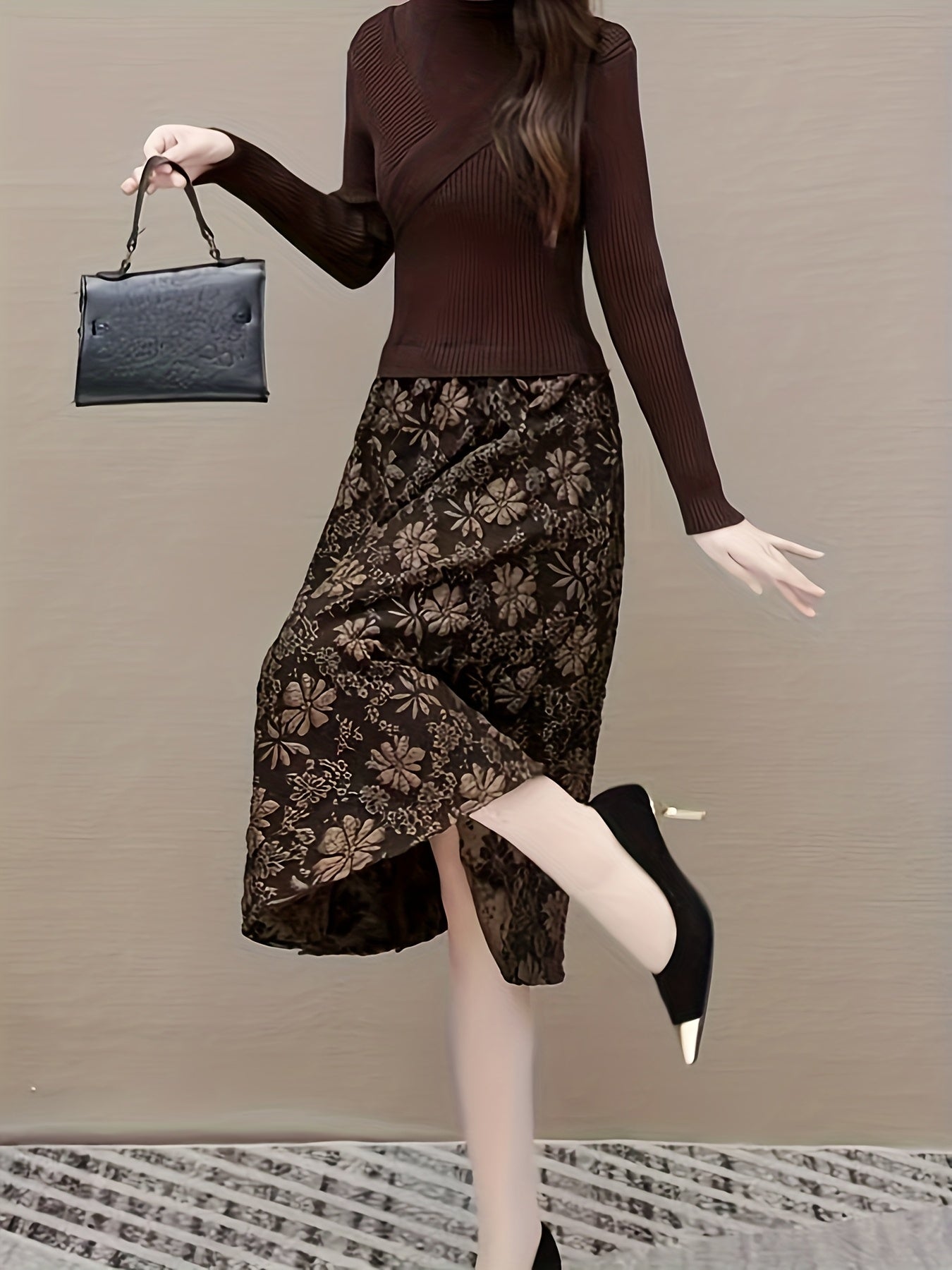 Women Fake Two-Piece Knit Dress Semi High Neck Cross Top Jacquard Slim Warm Autumn Winter Base Dress