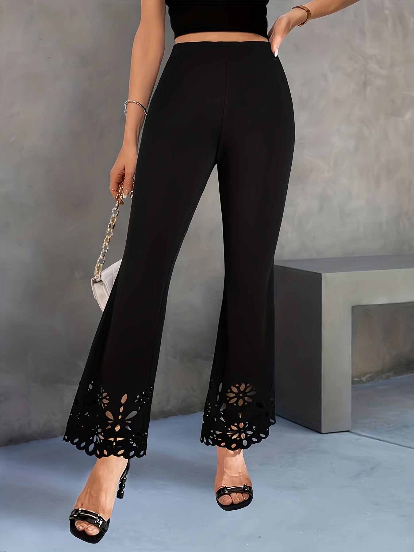 Elegant Hollow Out Flared Pants Women Slim Fit High Waist Trousers