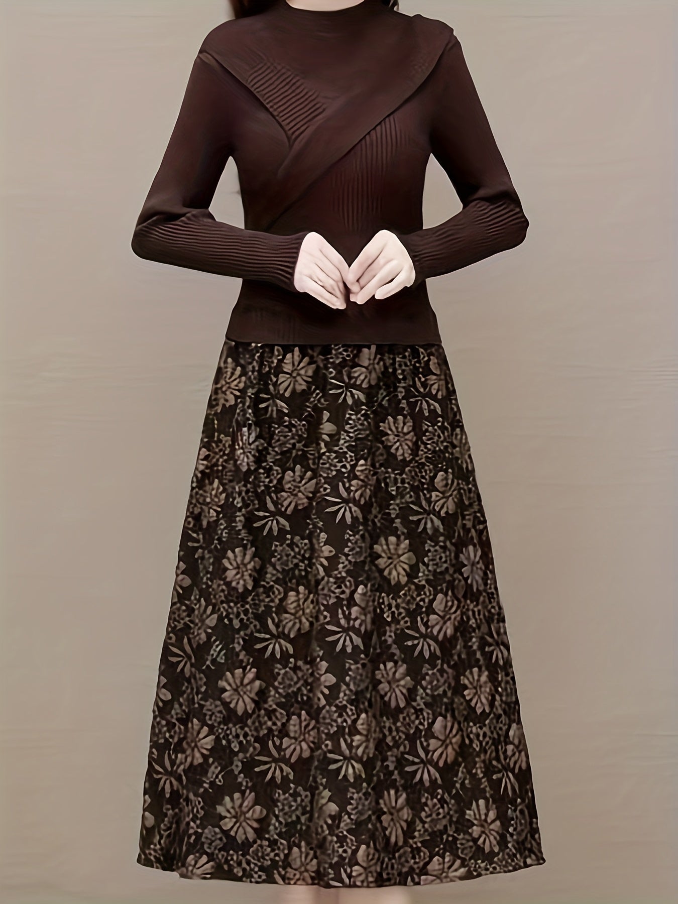 Women Fake Two-Piece Knit Dress Semi High Neck Cross Top Jacquard Slim Warm Autumn Winter Base Dress