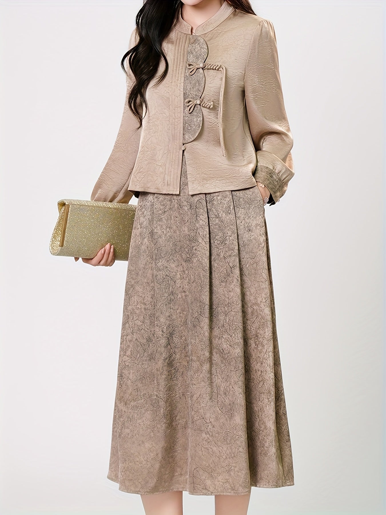 Champagne Satin New Chinese Cheongsam 2-Piece Set