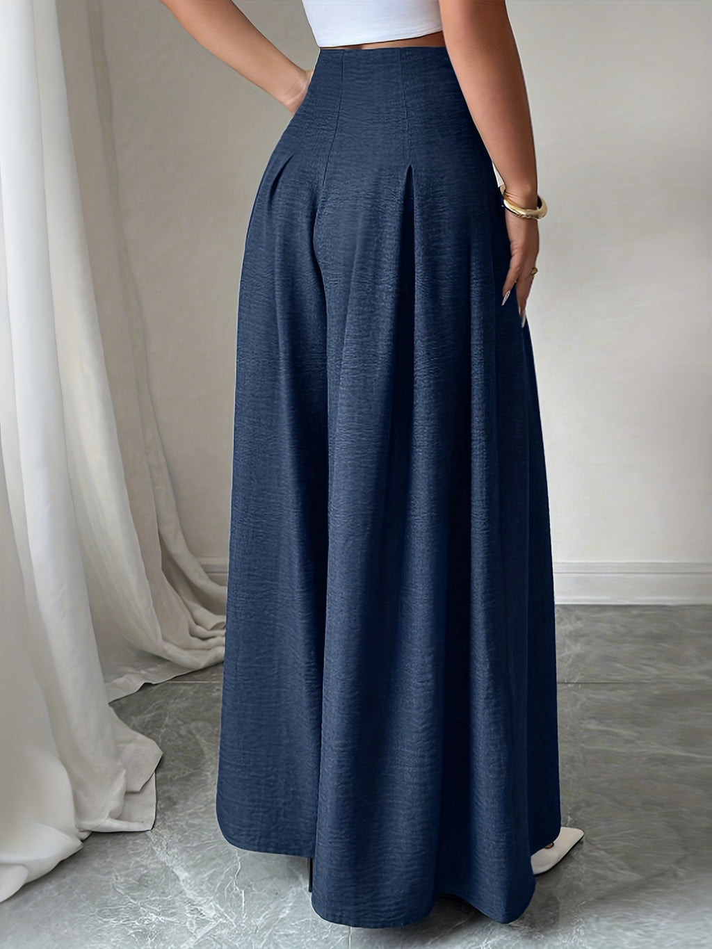 Women High Waist Wide Leg Trousers Single Button Pleated Loose Flared Hem Casual Pants