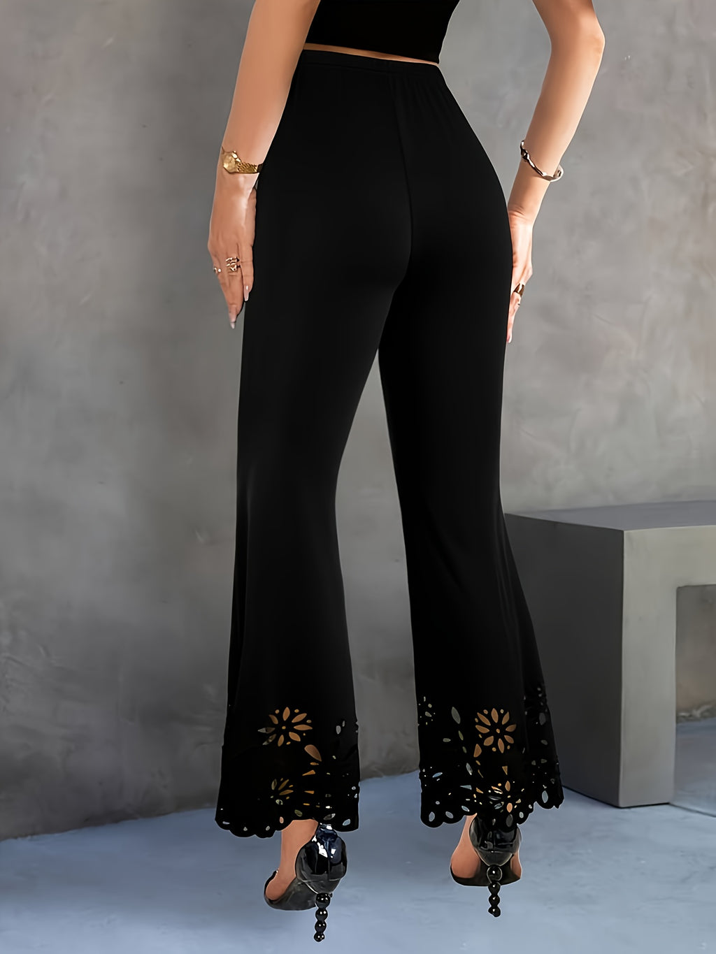 Elegant Hollow Out Flared Pants Women Slim Fit High Waist Trousers