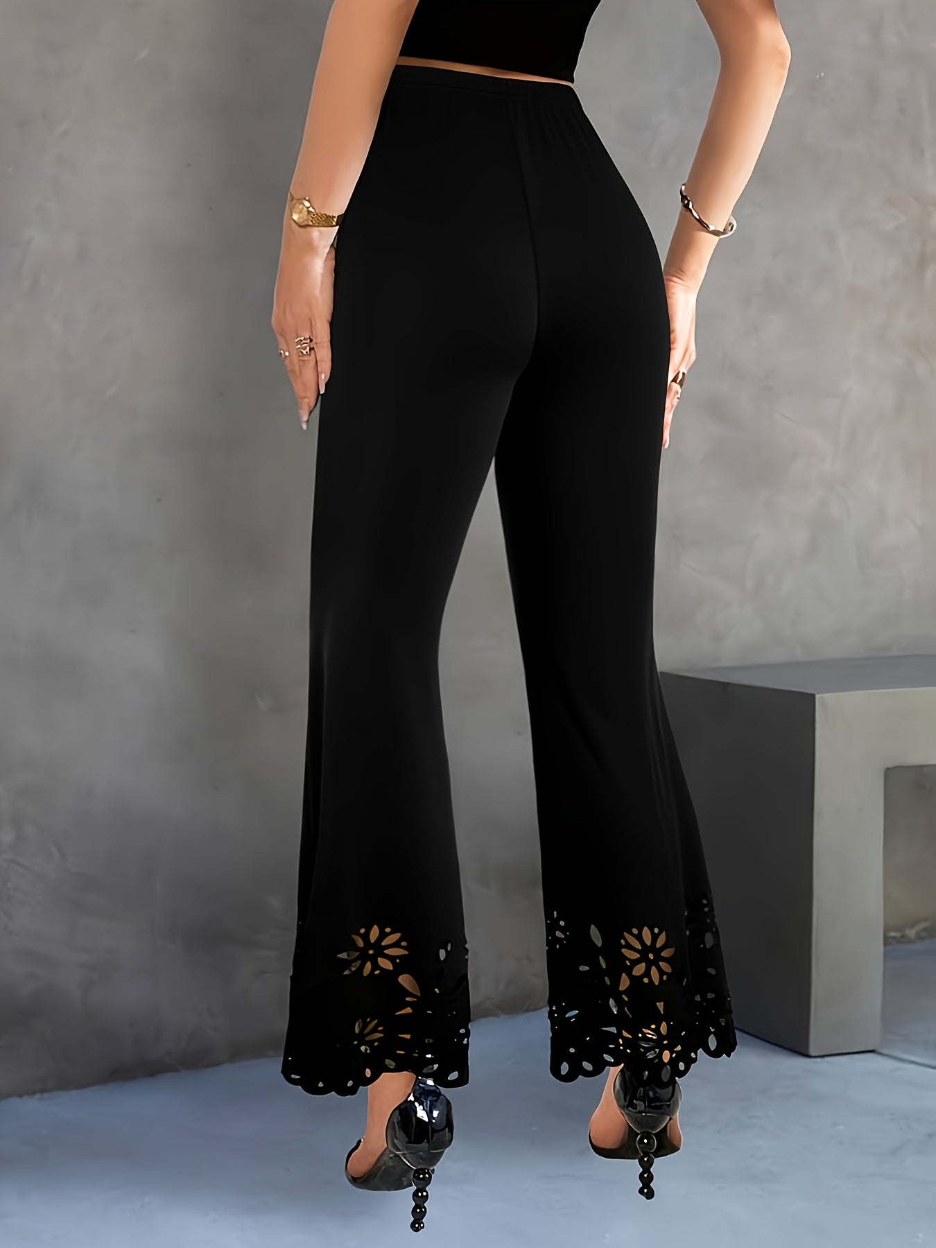 Elegant Hollow Out Flared Pants Women Slim Fit High Waist Trousers