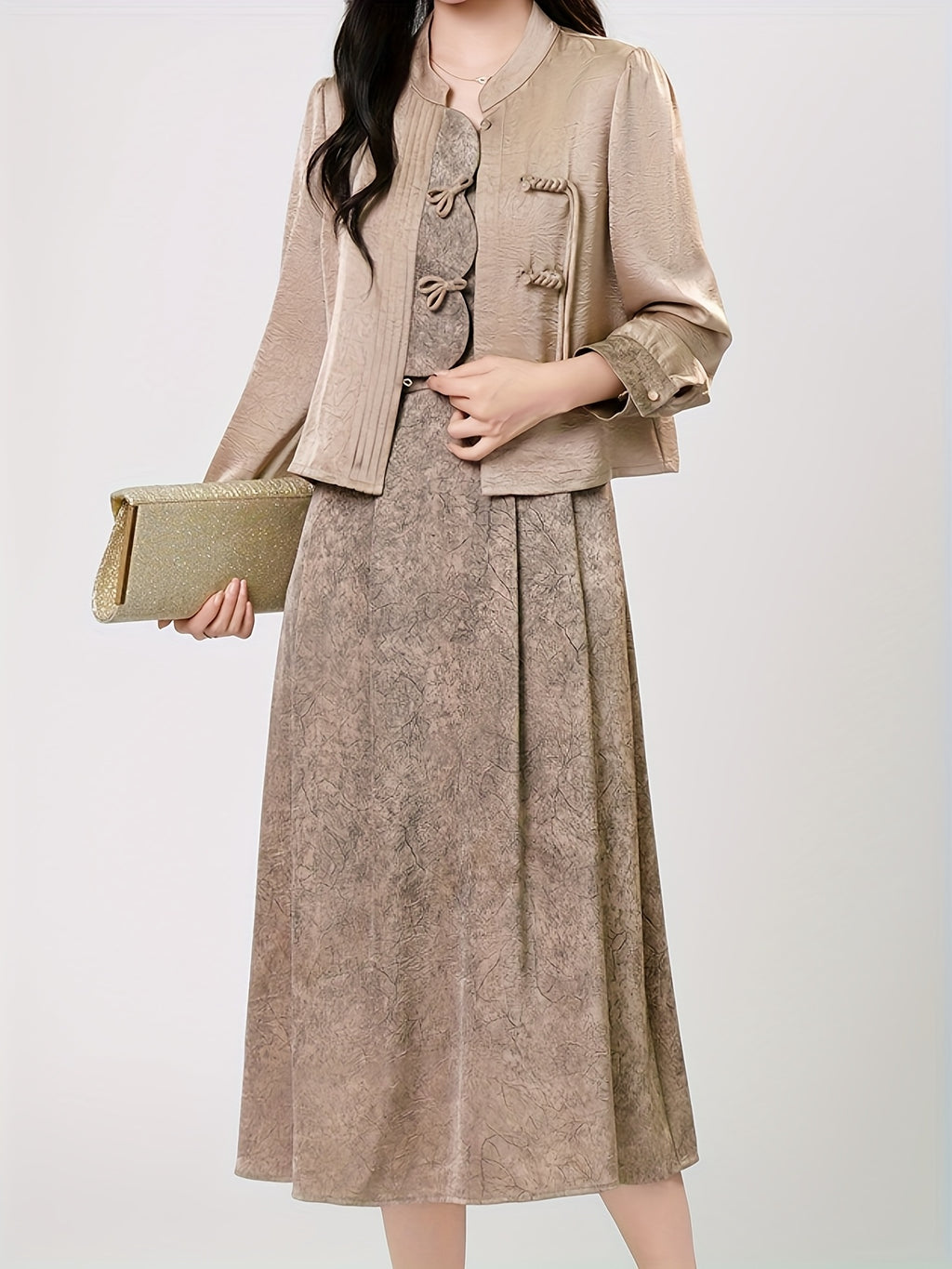 Champagne Satin New Chinese Cheongsam 2-Piece Set