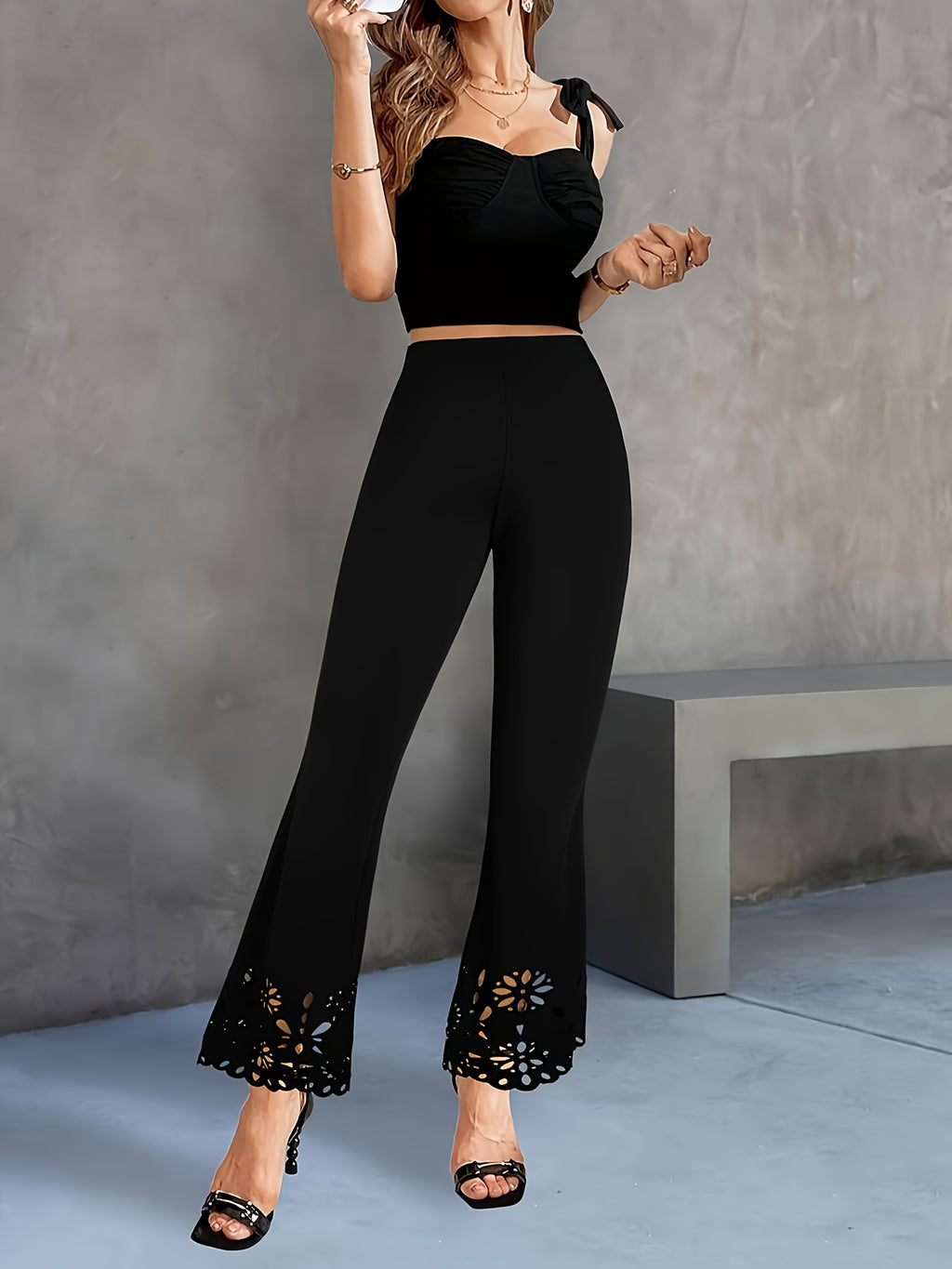 Elegant Hollow Out Flared Pants Women Slim Fit High Waist Trousers