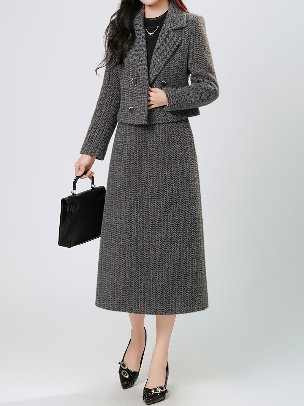 Gray Textured Mink Velvet 2-Piece Suit Set