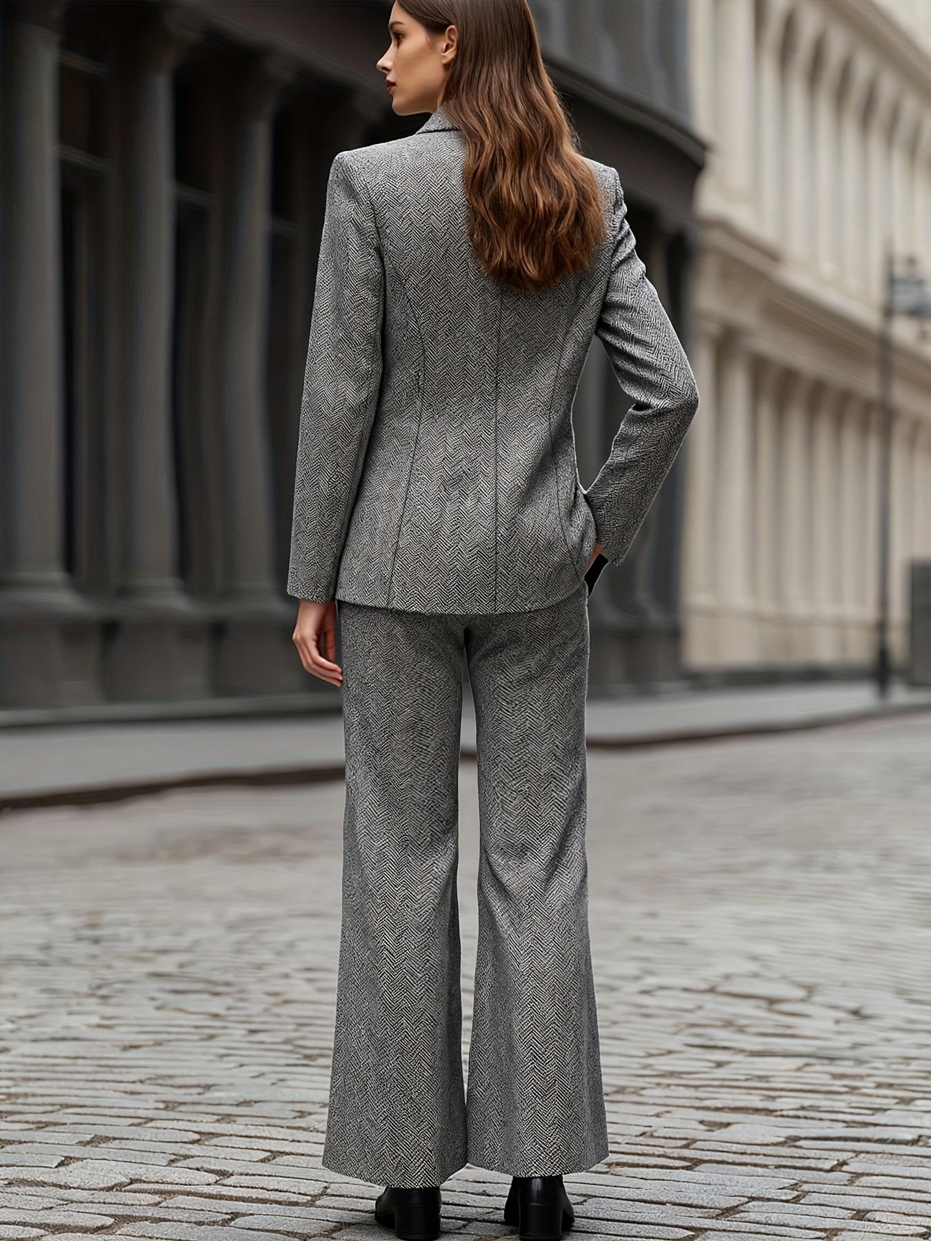 Autumn Winter Gray Herringbone Jacket & Straight Pants 2-Piece Set