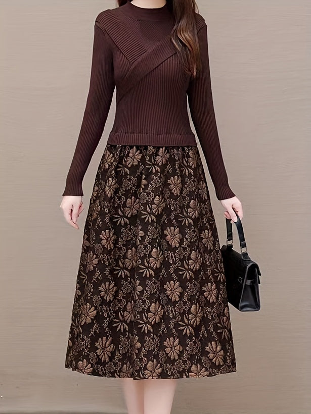 Women Fake Two-Piece Knit Dress Semi High Neck Cross Top Jacquard Slim Warm Autumn Winter Base Dress