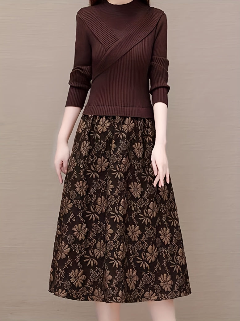 Women Fake Two-Piece Knit Dress Semi High Neck Cross Top Jacquard Slim Warm Autumn Winter Base Dress