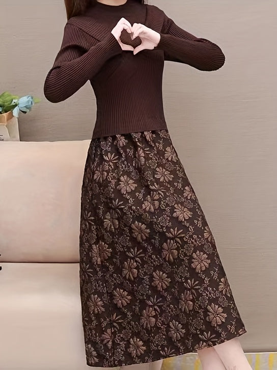 Women Fake Two-Piece Knit Dress Semi High Neck Cross Top Jacquard Slim Warm Autumn Winter Base Dress