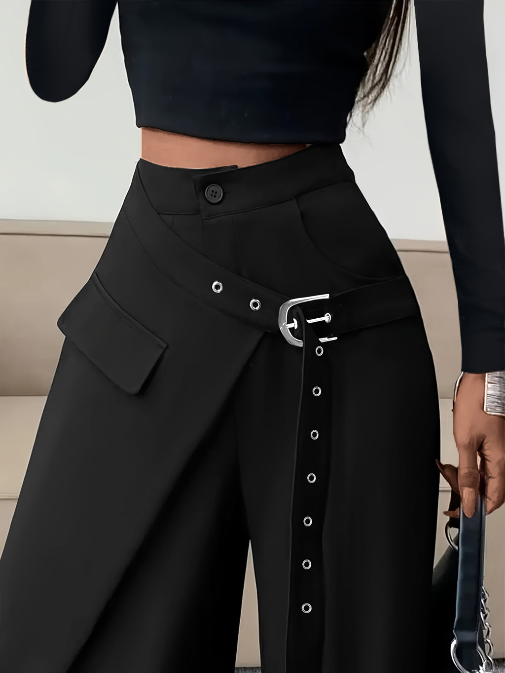 Women Casual Loose Long Pants Asymmetrical Pocket Zip Button Design Stylish Versatile Trousers