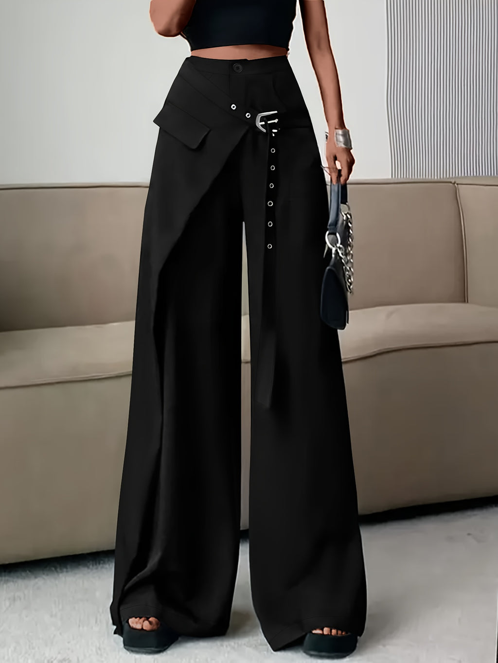 Women Casual Loose Long Pants Asymmetrical Pocket Zip Button Design Stylish Versatile Trousers