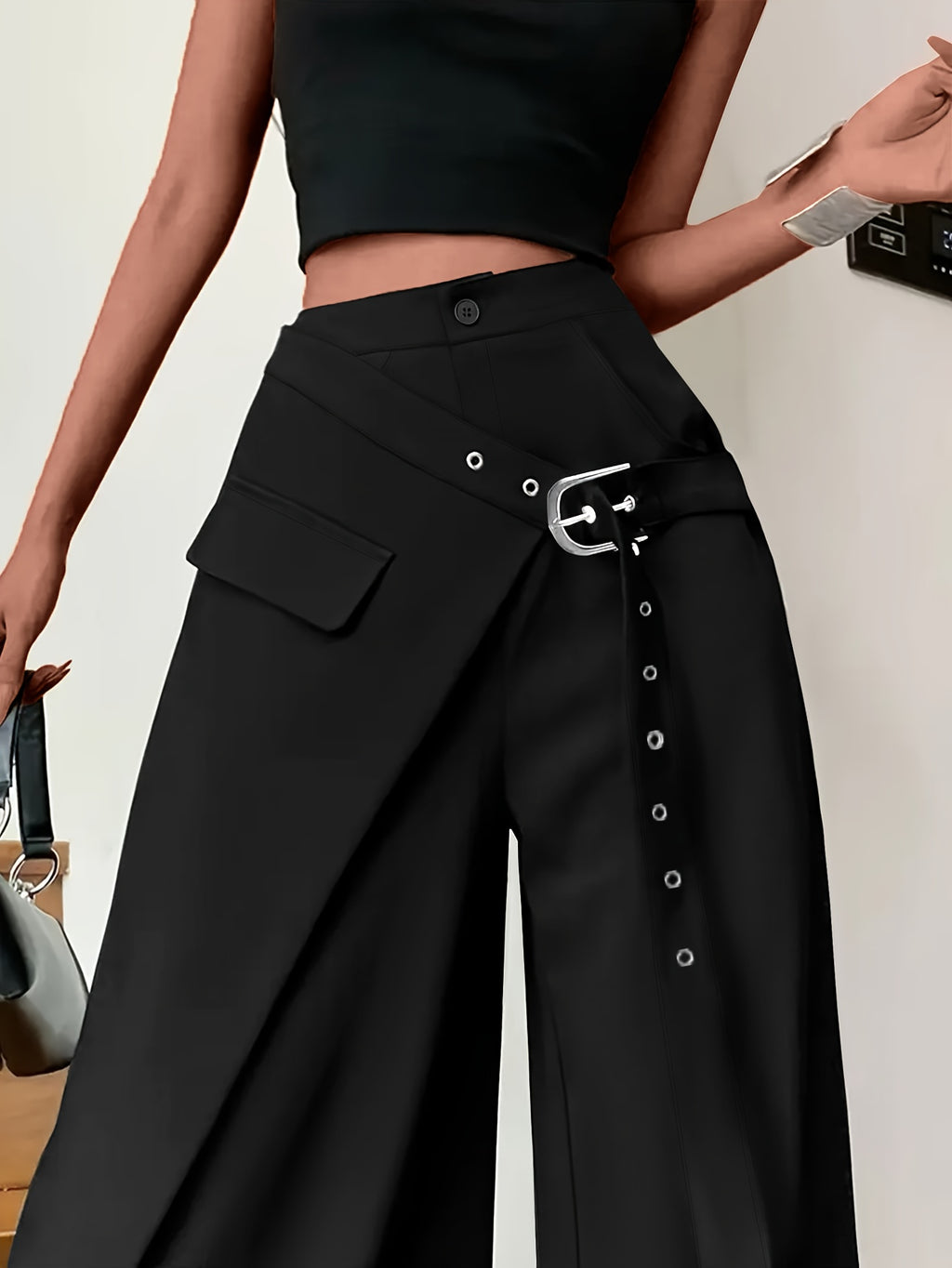 Women Casual Loose Long Pants Asymmetrical Pocket Zip Button Design Stylish Versatile Trousers