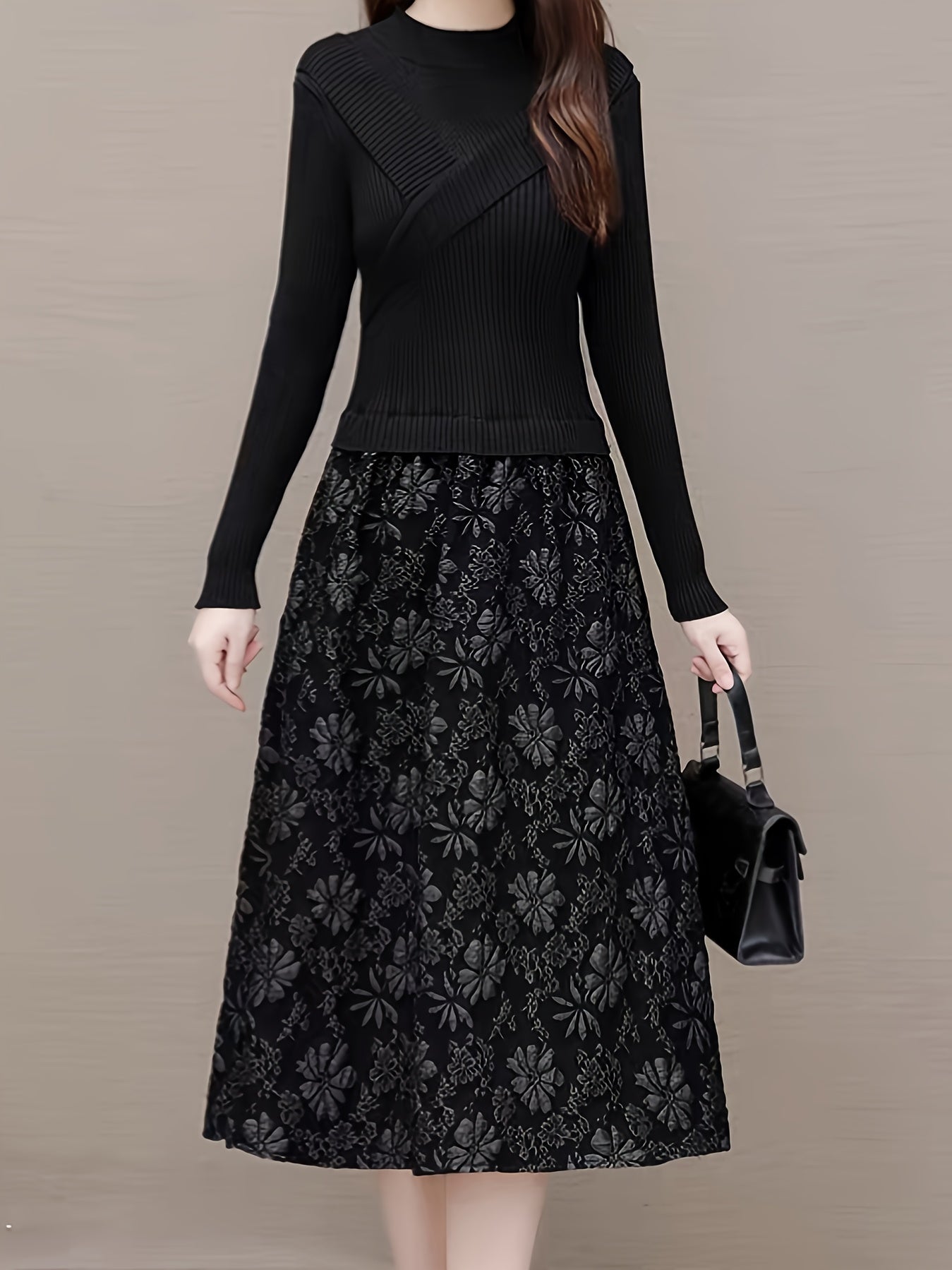Women Fake Two-Piece Knit Dress Semi High Neck Cross Top Jacquard Slim Warm Autumn Winter Base Dress