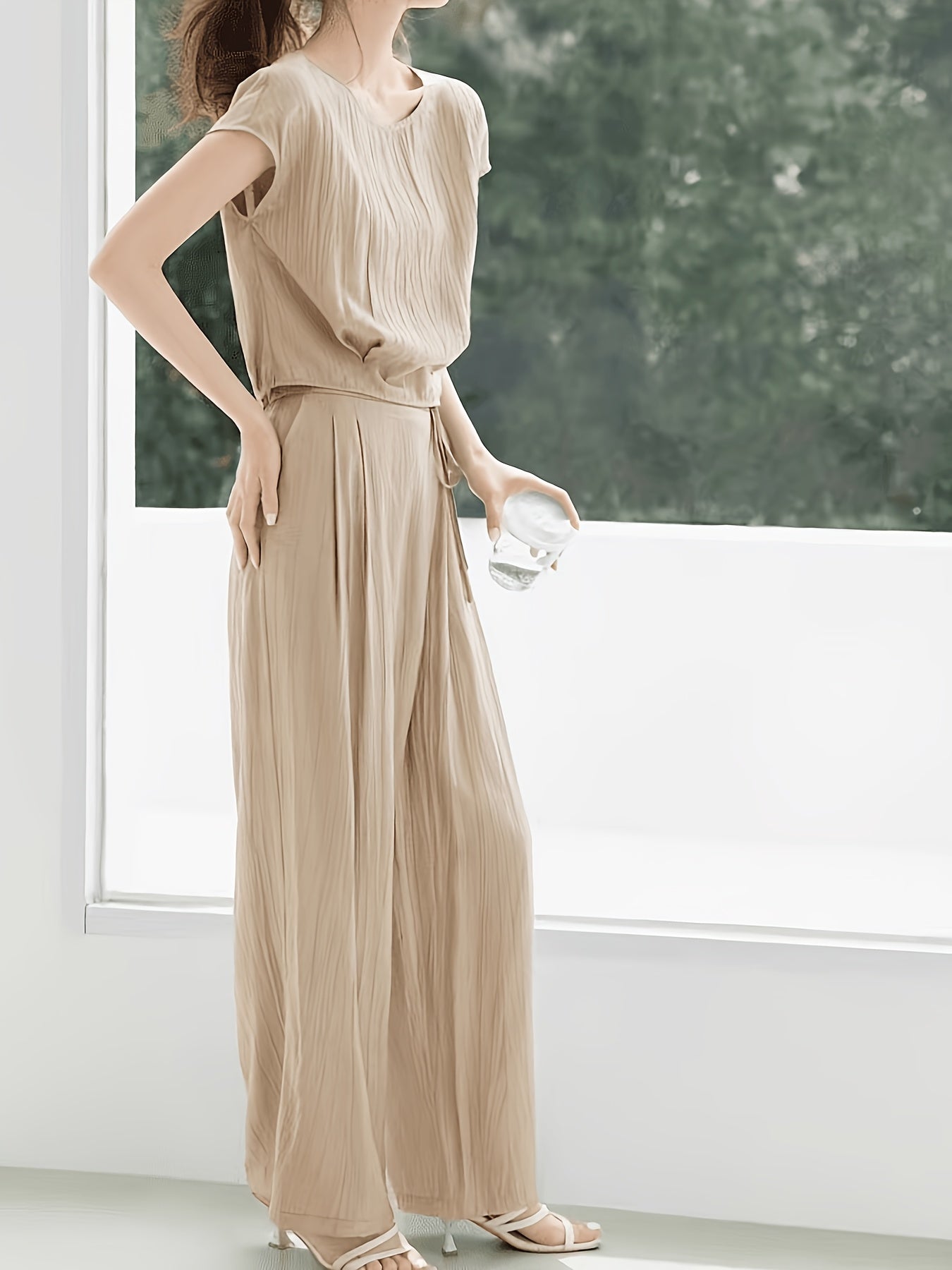Summer Thin Casual 2-Piece Set Ruffle Sleeve Top & Wide Leg Pants