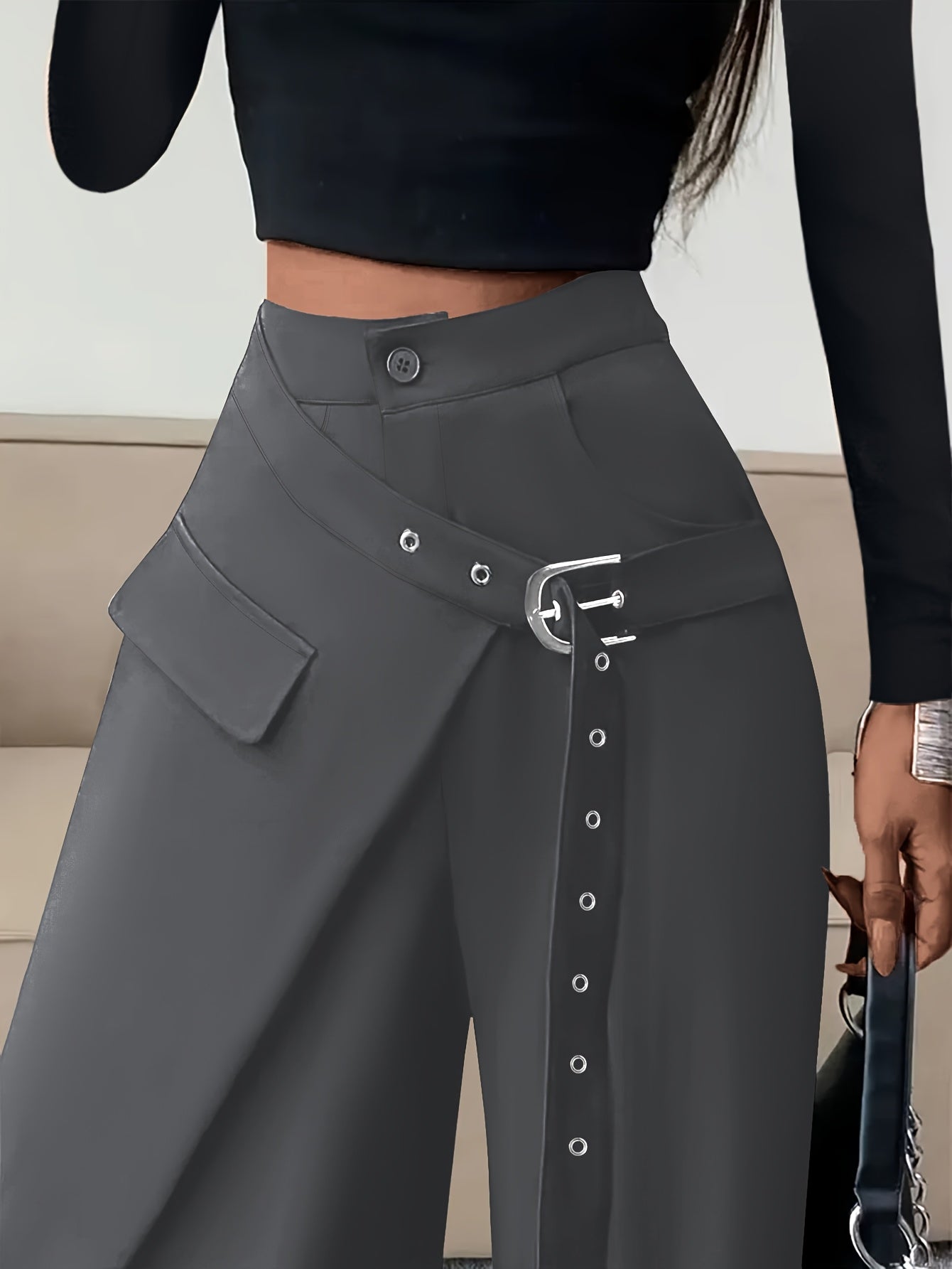 Women Casual Loose Long Pants Asymmetrical Pocket Zip Button Design Stylish Versatile Trousers