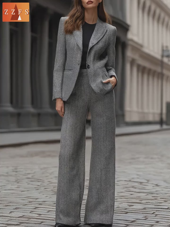 Autumn Winter Gray Herringbone Jacket & Straight Pants 2-Piece Set