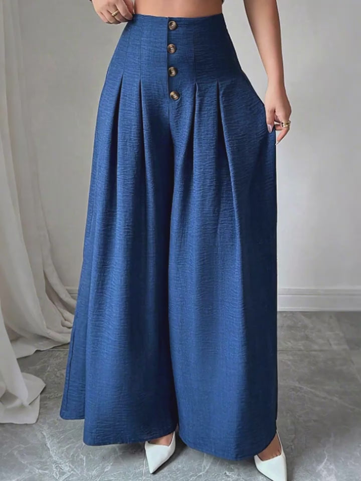 Women High Waist Wide Leg Trousers Single Button Pleated Loose Flared Hem Casual Pants