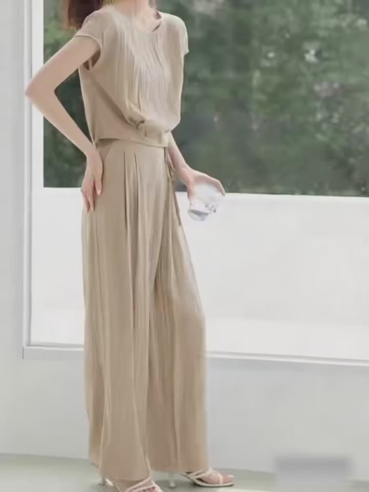 Summer Thin Casual 2-Piece Set Ruffle Sleeve Top & Wide Leg Pants