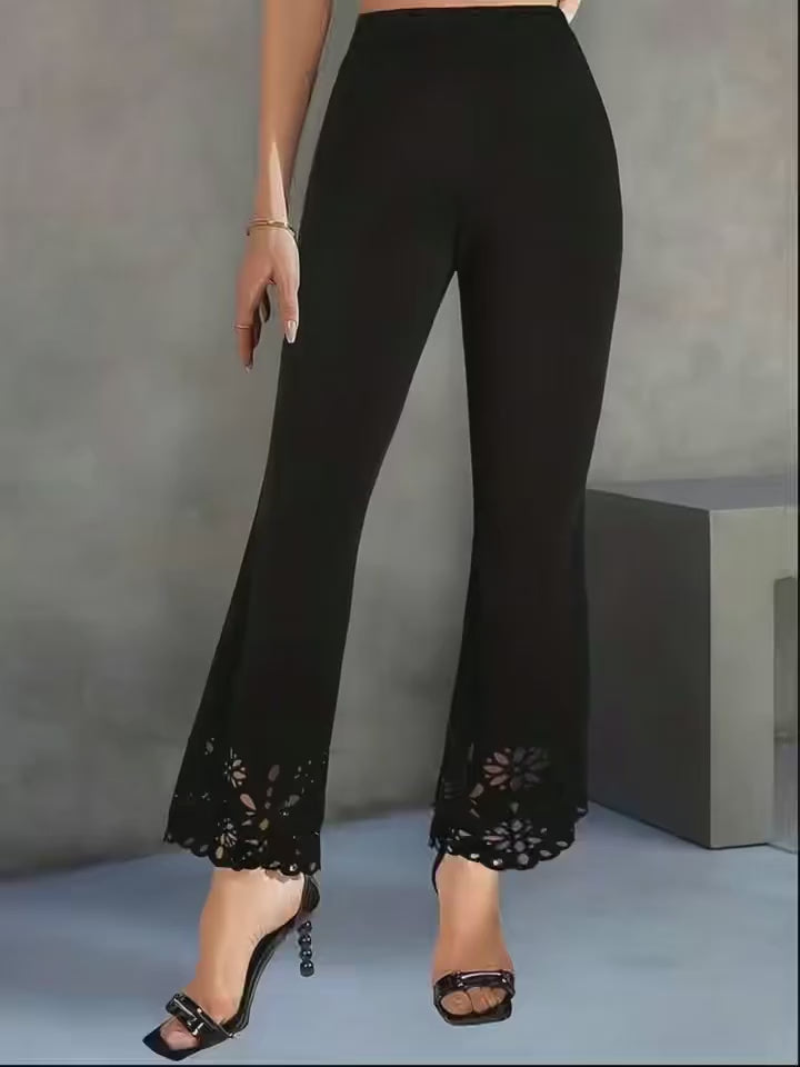 Elegant Hollow Out Flared Pants Women Slim Fit High Waist Trousers