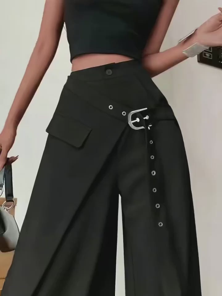 Women Casual Loose Long Pants Asymmetrical Pocket Zip Button Design Stylish Versatile Trousers