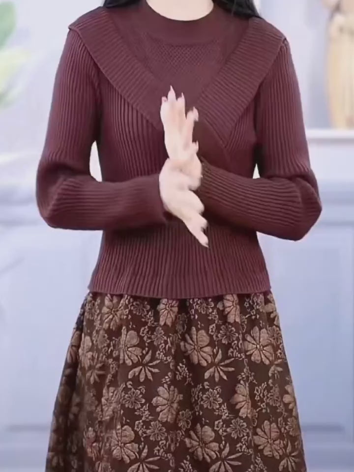 Women Fake Two-Piece Knit Dress Semi High Neck Cross Top Jacquard Slim Warm Autumn Winter Base Dress